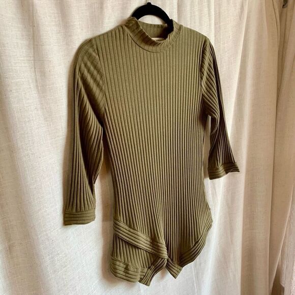 Monteau Womens XL Olive Green Knit Sweater Ribbed Quarter Sleeve Mock Neck - Picture 10 of 12